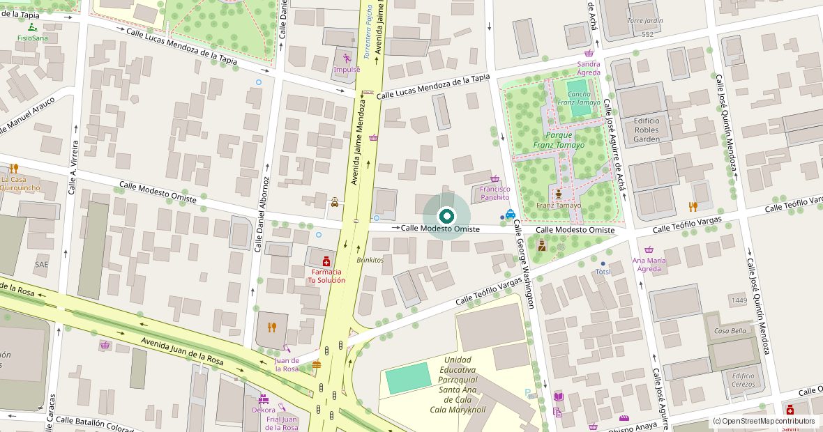 Mapa de la calle Modesto Omiste 860, entre la avenida Jaime Mendoza y el parque Franz Tamayo, Cochabamba.